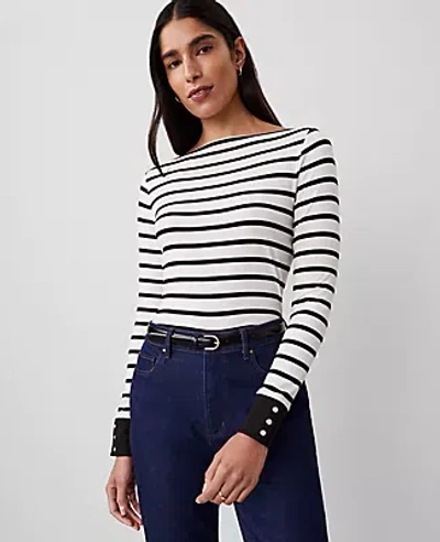 Ann Taylor Striped Snap-cuff Top In Winter White - Black