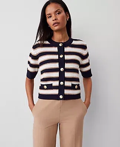 Ann Taylor Striped Textured Sweater Jacket In Navy/white