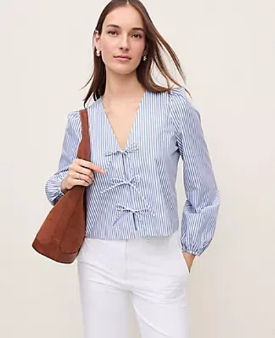 Ann Taylor Striped Tie Front Blouse In Blue