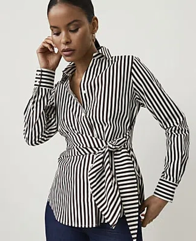 Ann Taylor Striped Tie Waist Button Down Shirt In French Mocha