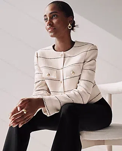 Ann Taylor Striped Tweed Crew Neck Jacket In Winter White