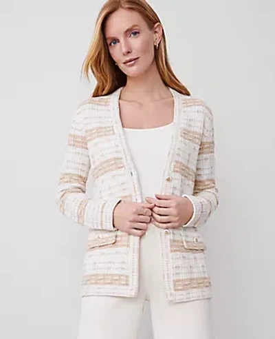 Ann Taylor Striped Tweed Sweater Jacket In Camel/white Combo