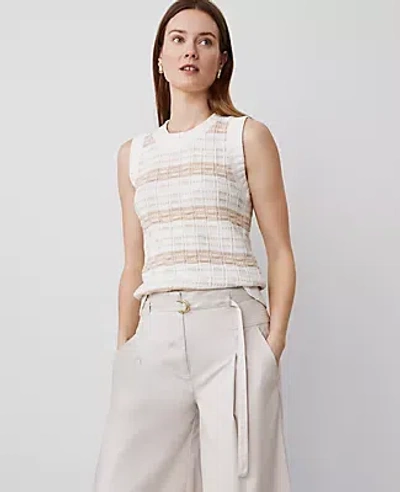 Ann Taylor Striped Tweed Sweater Shell Top In Camel/white Combo