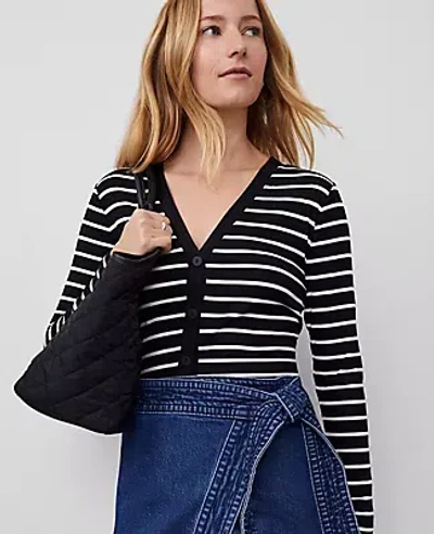 Ann Taylor Striped V-neck Cardigan In Black