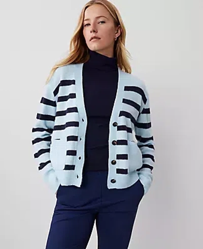 Ann Taylor Striped V-neck Cardigan In Light Blue Multi