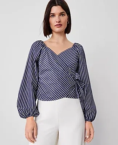 Ann Taylor Striped Wrap Tie-waist Blouse In Vintage Blue Stripe