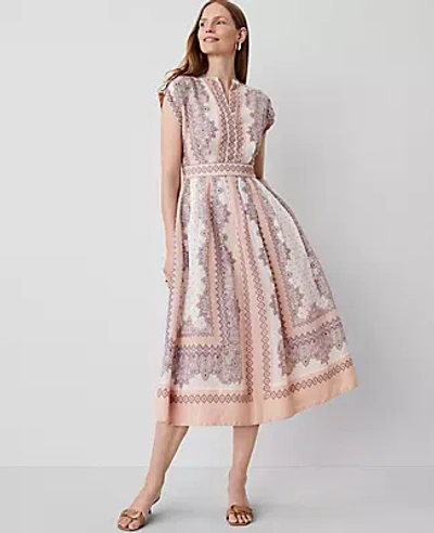 Ann Taylor Studio Collection Paisley Split-neck Flare Dress In Almond Latte