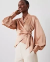 Ann Taylor Petite Studio Collection Silk Wrap Blouse In Toffee Tan