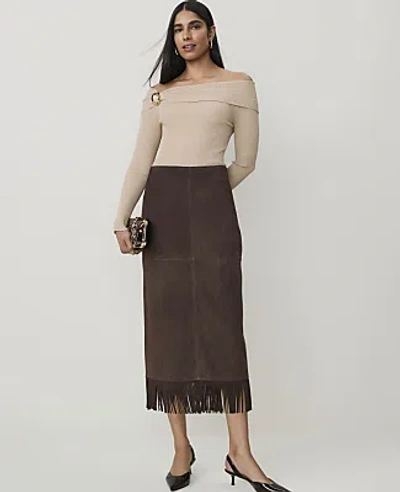 Ann Taylor Studio Collection Suede Fringe Column Skirt In Pure Chocolate