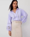 Ann Taylor Embroidered Linen Puff Sleeve Blouse