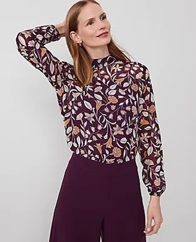 Ann Taylor Tall Floral Popover Top Bow Blouse In Purple Moon