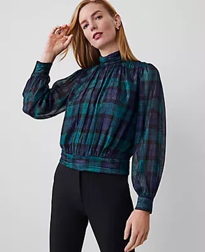 Ann Taylor Tall Tartan Shirred Mock Neck Popover Top In Rainforest