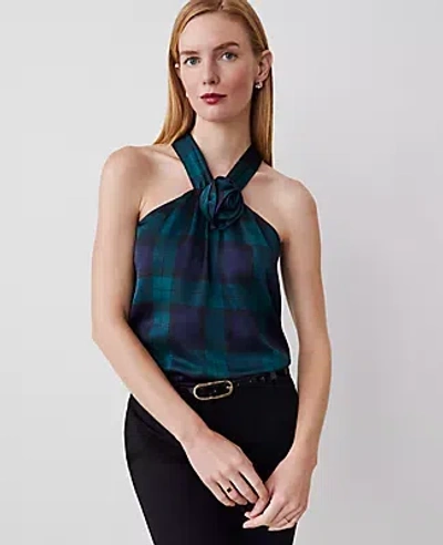 Ann Taylor Tartan Rosette Drape-neck Halter Top In Rainforest