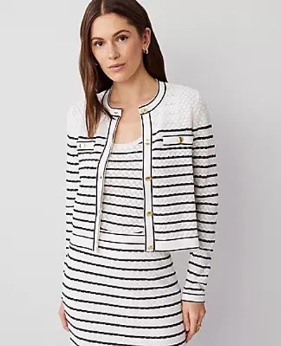 Ann Taylor Textured Striped Pocket Cardigan In White/black Multi