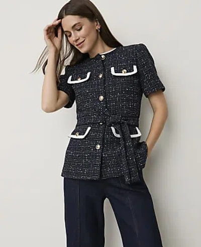 Ann Taylor The Petite Belted Short Sleeve Jacket In Navy White Tweed Combo