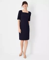Ann Taylor The Petite Elbow Sleeve Square Neck Dress In Seasonless Stretch In Deep Navy Sky