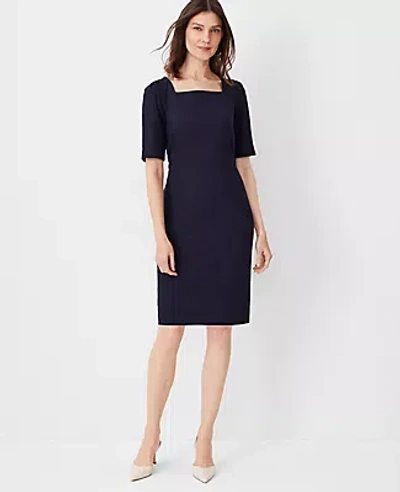 Ann Taylor The Petite Elbow Sleeve Square Neck Dress In Seasonless Stretch - Curvy Fit In Deep Navy Sky