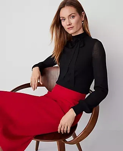 Ann Taylor Tie Neck Puff Sleeve Sweater In Black