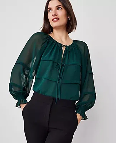 Ann Taylor Tie Neck Ruffle Blouse In Green