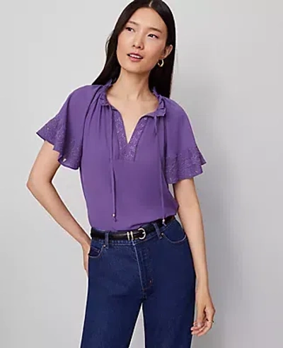 Ann Taylor Tie Neck Ruffle Popover Top In Purple
