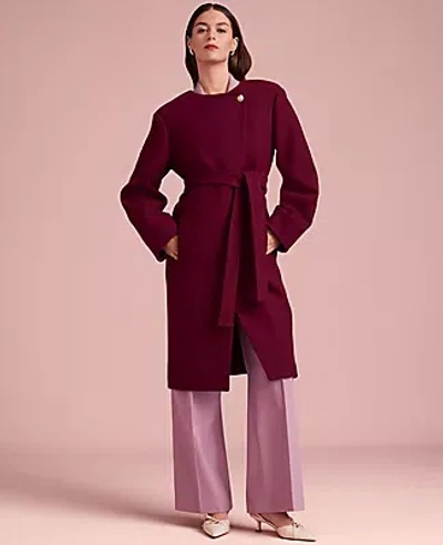 Ann Taylor Tie Waist Balloon Sleeve Coat In Rich Mulberry