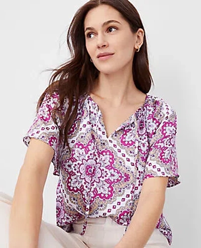 Ann Taylor Tile Flounce Sleeve Popover Top In Magenta Shadow