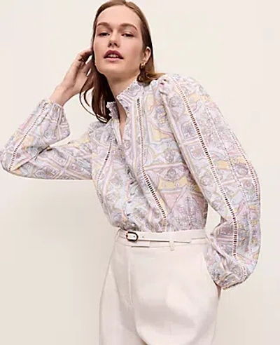 Ann Taylor Tile Print Embroidered Blouse In Neutral