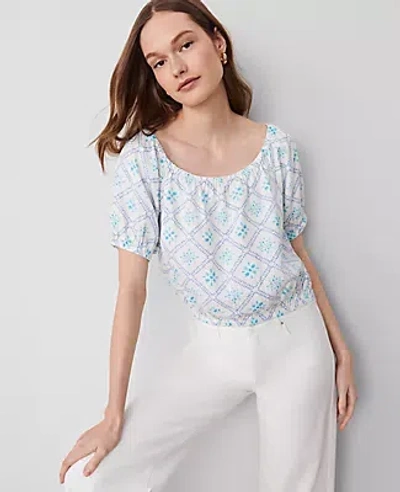 Ann Taylor Tiled Linen-blend Bubble Hem Blouse In Sea Isle