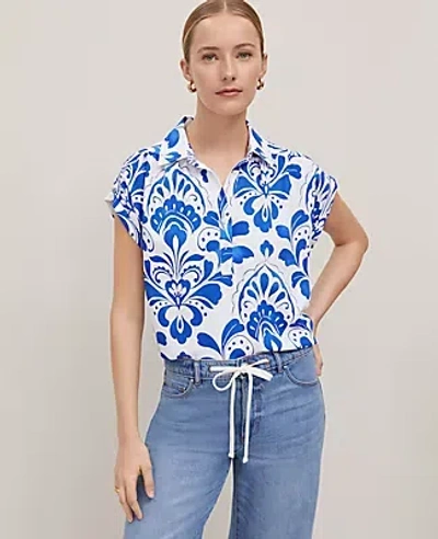 Ann Taylor Tiled Split Neck Popover Top In Power Blue