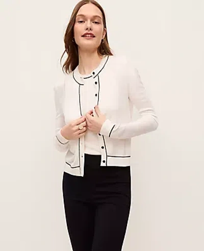 Ann Taylor Tipped Crew Neck Cardigan In White