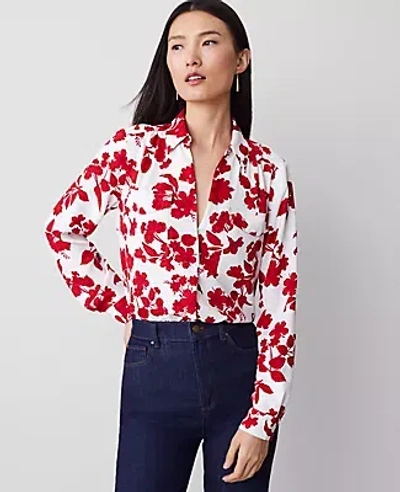 Ann Taylor Tropical Silky Camp Shirt In Bright Cherry B