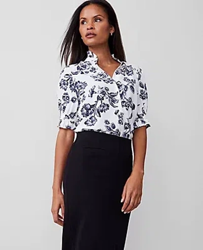 Ann Taylor Tropical Silky Ruffle Collar Blouse In Night Sky