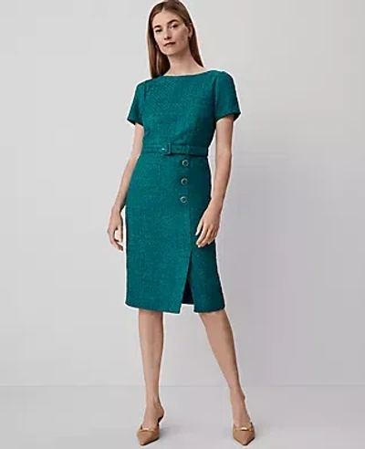 Ann Taylor Tweed Belted Button Midi Sheath Dress In Green Marais