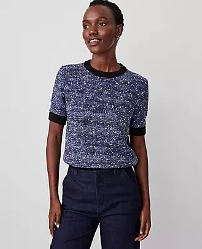 Ann Taylor Tweed Contrast Trim Tee In Blue Multi