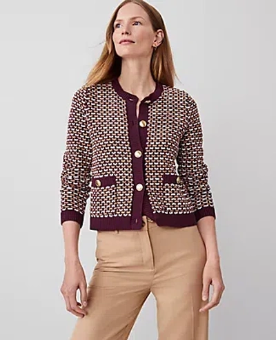 Ann Taylor Tweed Stitch Sweater Jacket In Plum Combo