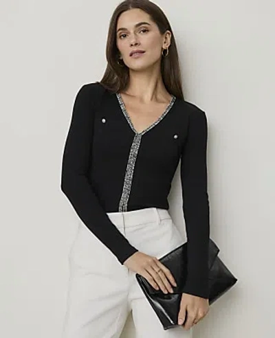 Ann Taylor Tweed Trim Ribbed Top In Black