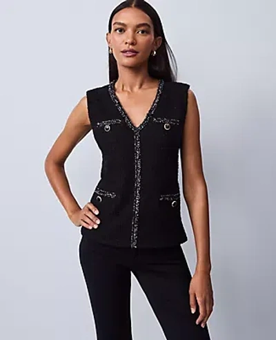 Ann Taylor Tweed Trim Sleeveless Top In Black