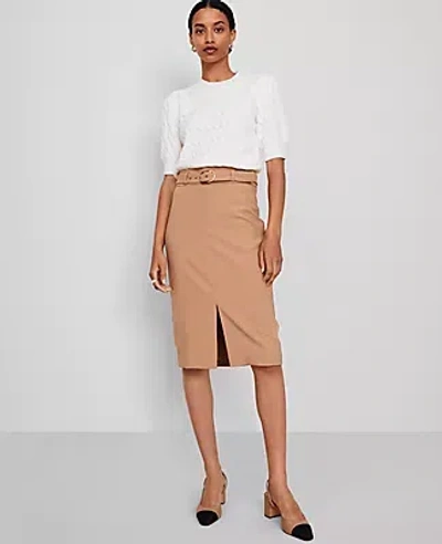 Ann Taylor Twill Belted Midi Pencil Skirt In Perfect Camel