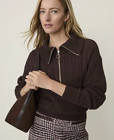 Ann Taylor Weekend Cable Half-zip Sweater In French Mocha