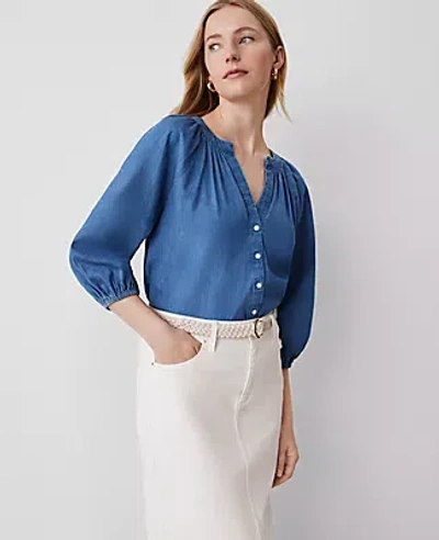 Ann Taylor Weekend Collection Chambray Raglan Popover Top In Light Blue Chambray