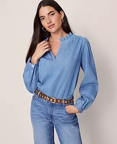 Ann Taylor Weekend Collection Chambray Ruffle Collar Popover Top