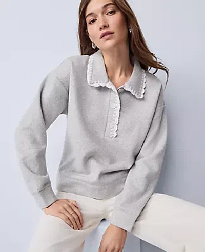 Ann Taylor Weekend Collection Crochet Trim Collared Sweatshirt In Gray
