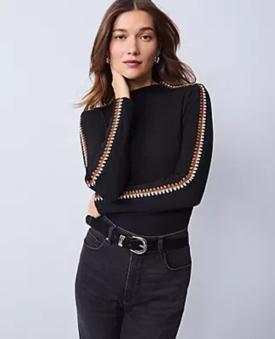 Ann Taylor Weekend Collection Crochet Trim Mock Neck Top In Black