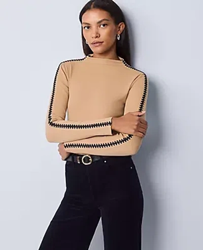 Ann Taylor Weekend Collection Crochet Trim Mock Neck Top In Brown