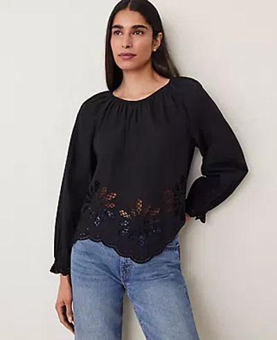 Ann Taylor Weekend Collection Embroidered Popover Top In Black