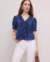 Ann Taylor Weekend Collection Embroidered Ruffle Top In Navy Pebble