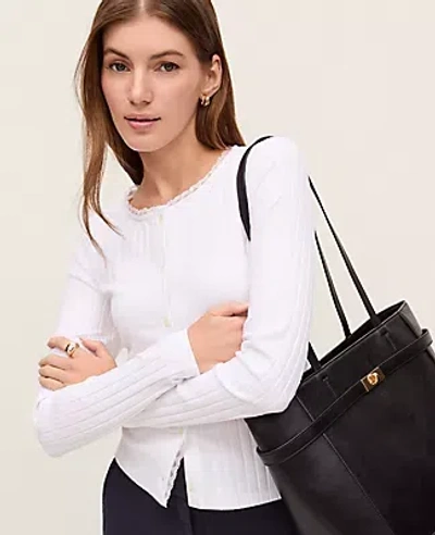 Ann Taylor Weekend Collection Lace Trim Pointelle Cardigan In White