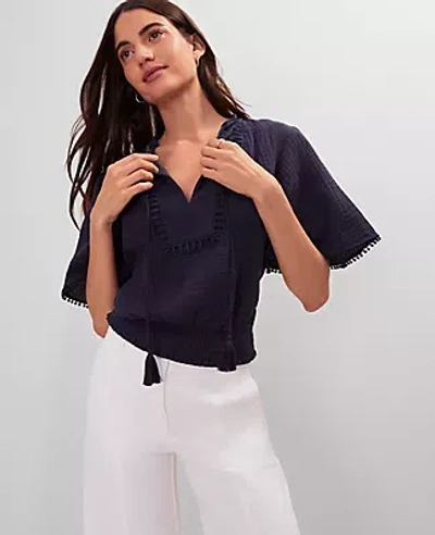 Ann Taylor Weekend Collection Linen Blend Tie Neck Blouse