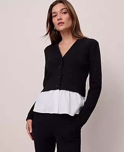 Ann Taylor Weekend Collection Mixed Media Peplum Cardigan In Black