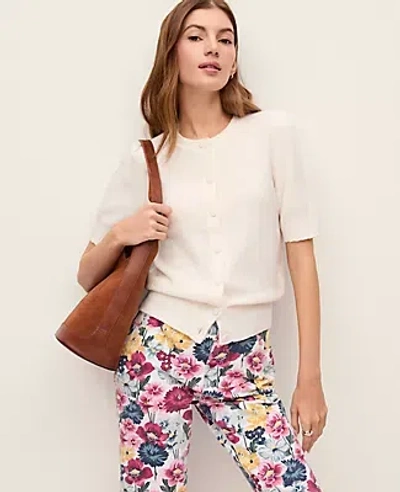 Ann Taylor Weekend Collection Pointelle Crew Neck Cardigan In White